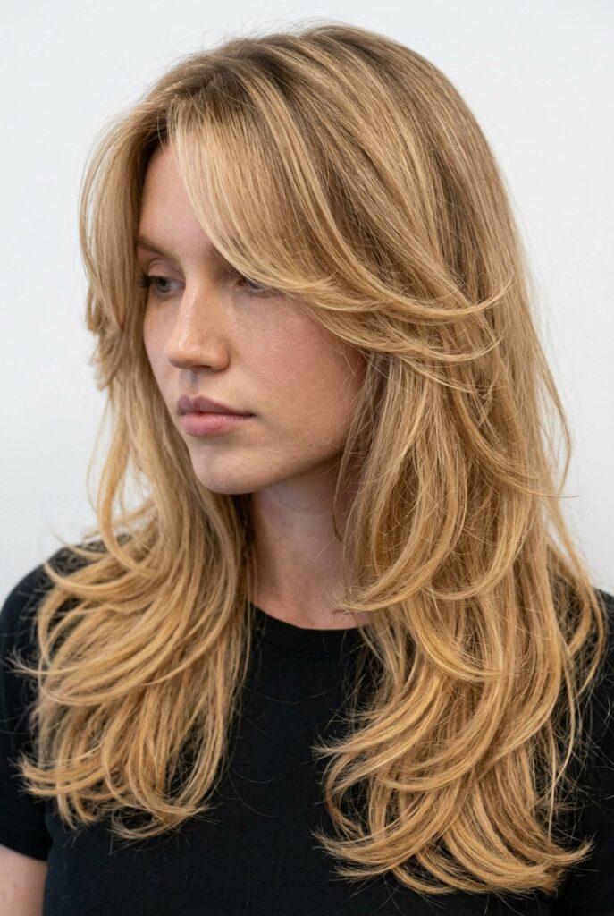 Long layered haircut with cheekbone-level face-framing pieces