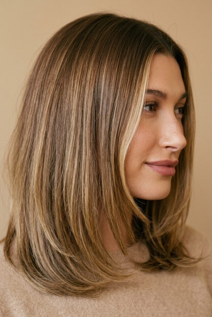 Long layered haircut with collarbone-length face-framing pieces
