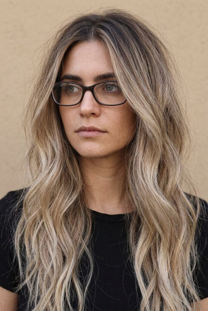 Long layered haircut with jaw-length face-framing on woman