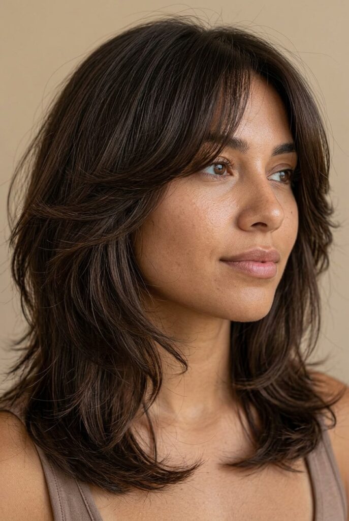 Long layered haircut with subtle crown shaping for added volume