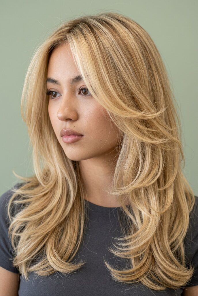 Long layered haircut with face-framing strands and soft cascading layers for natural movement