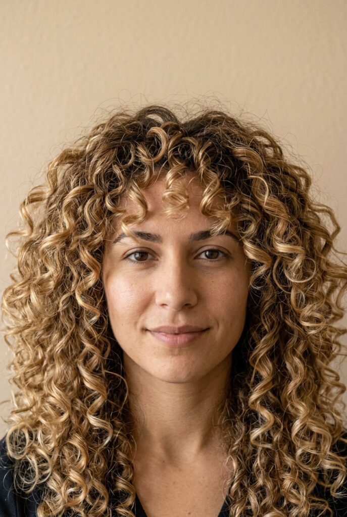 Milky butter blonde curls with warm honey base and lighter blended highlights