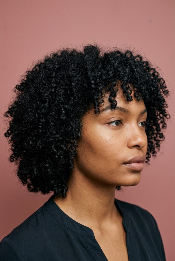 Medium-length curly hair with mid-layers for bounce, shape, and curl definition