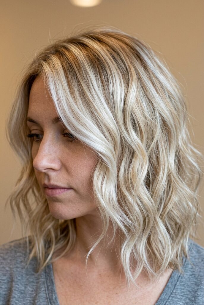 Modern shag haircut with choppy layers, natural texture, and soft curtain bangs for thick hair