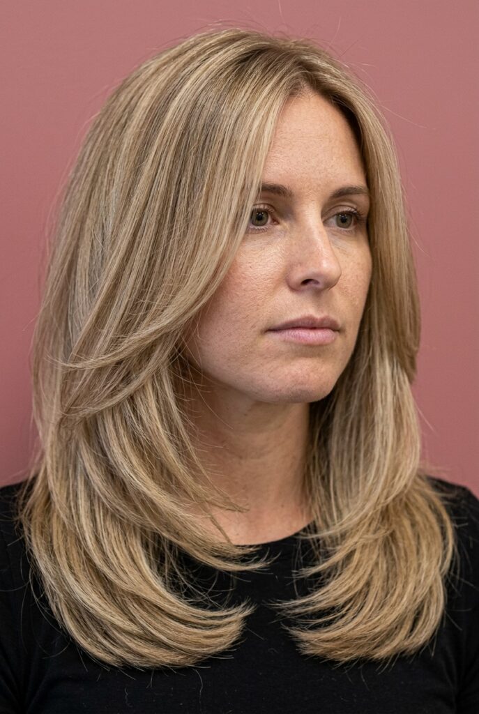 One-length long haircut with subtle inward bevel curving at the ends