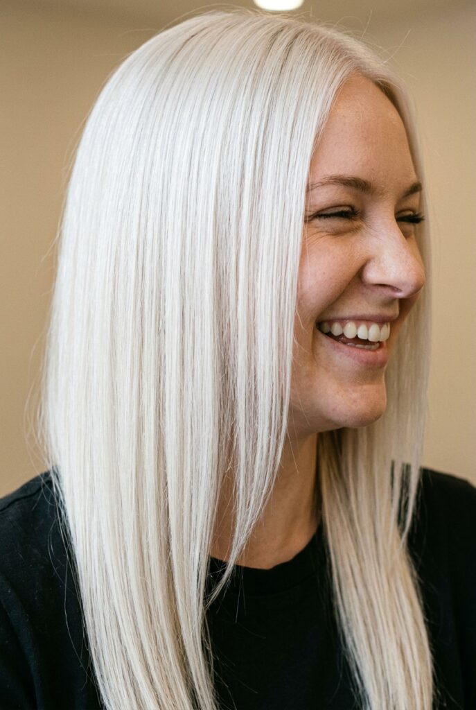 Ultimate cool platinum blonde hair color with crisp, icy modern tones