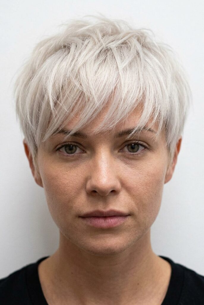 Short pixie cut with light feathered layers, soft texture, and a chic low-maintenance style