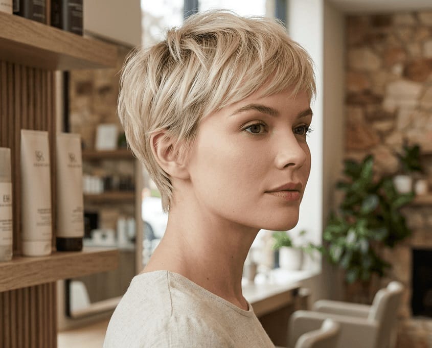 chic cropped blonde pixie cut with volume at crown