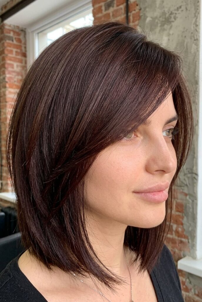 side swept bangs layered shoulder length dark hair 2026