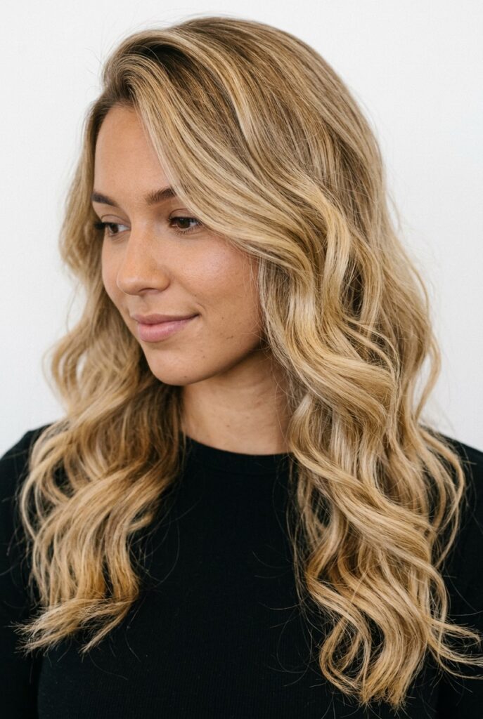 Woman with side-swept waves styled to one side creating a soft, asymmetric silhouette