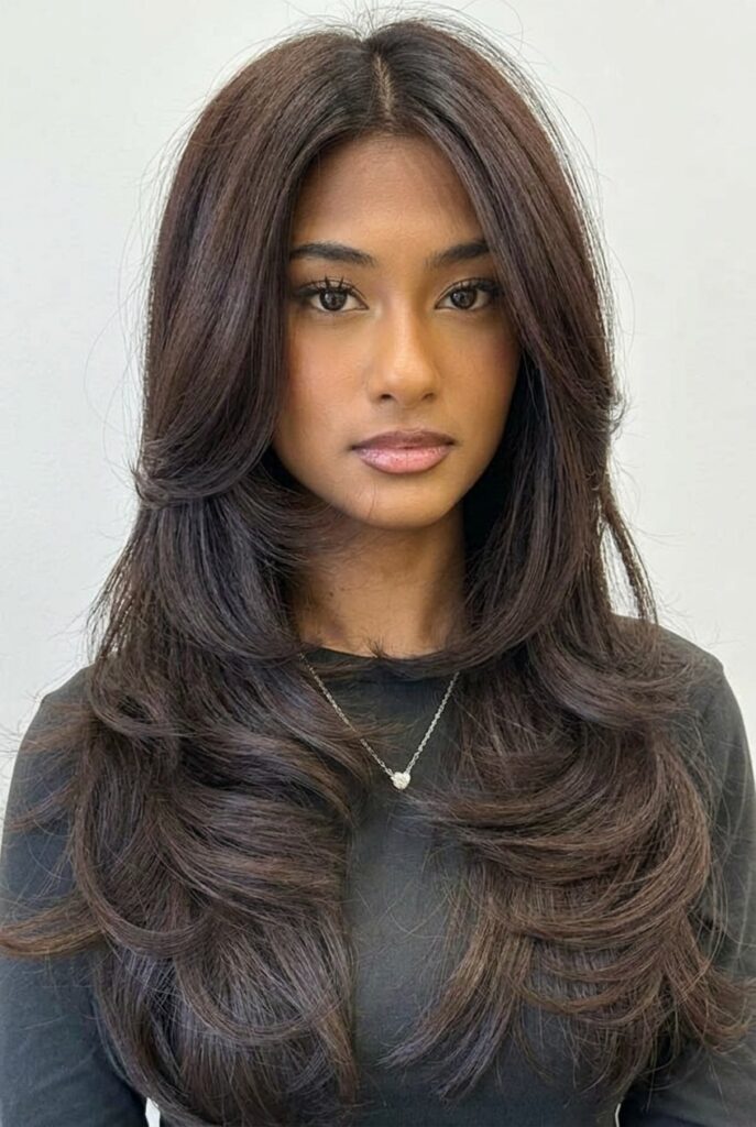 Soft blended step layers on long hair adding body and movement