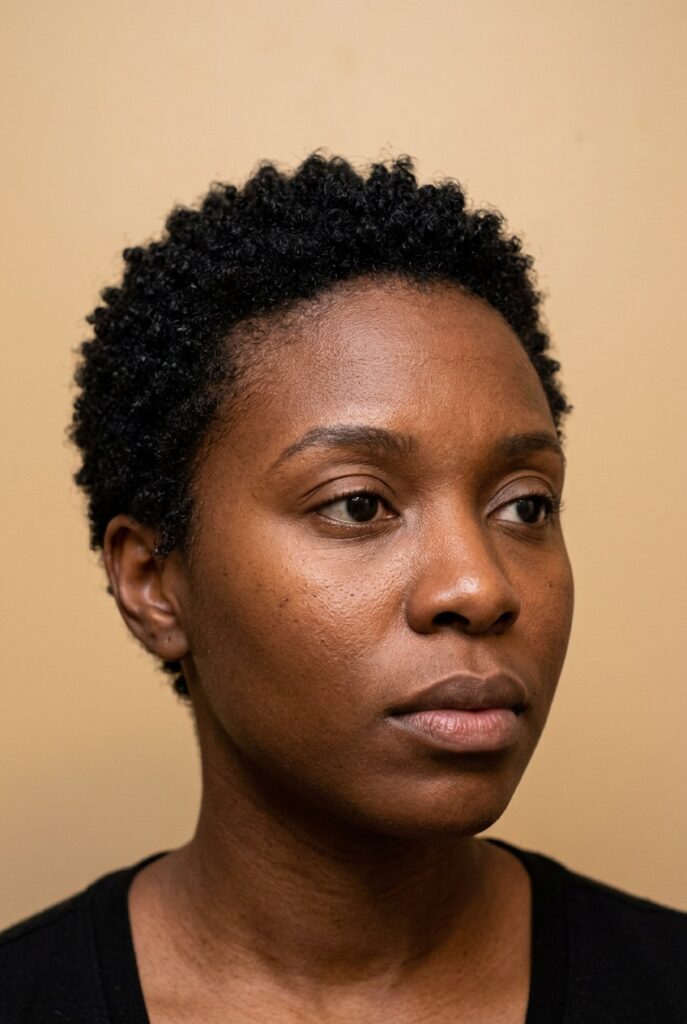 Woman with a teeny weenie afro showcasing natural coily hair cropped to two inches or less