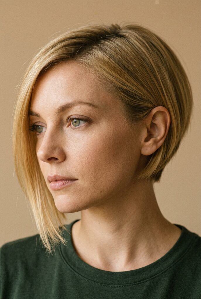 Woman with an asymmetrical dry cut showing one side longer than the other with natural wavy texture