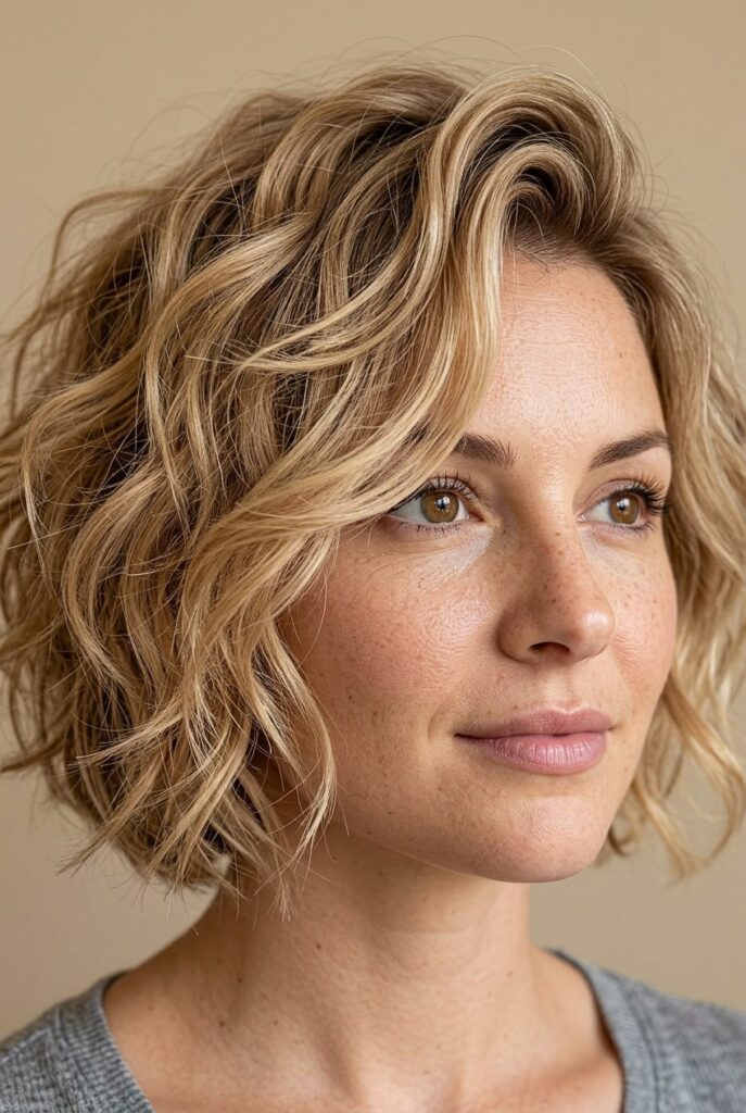 Woman with a curly asymmetrical bob cut shorter on one side with defined curls framing the face