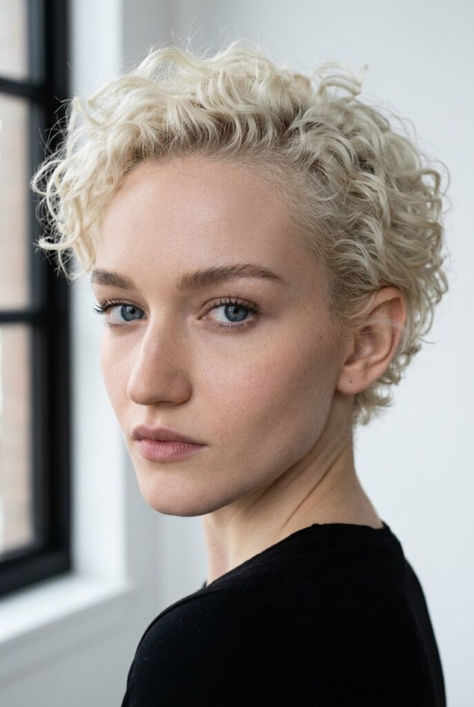 Woman with a short curly bixie cut featuring choppy layers and face-framing curls