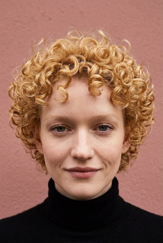 Woman with a classic curly bob cut to chin-length with defined natural curls and lightweight volume