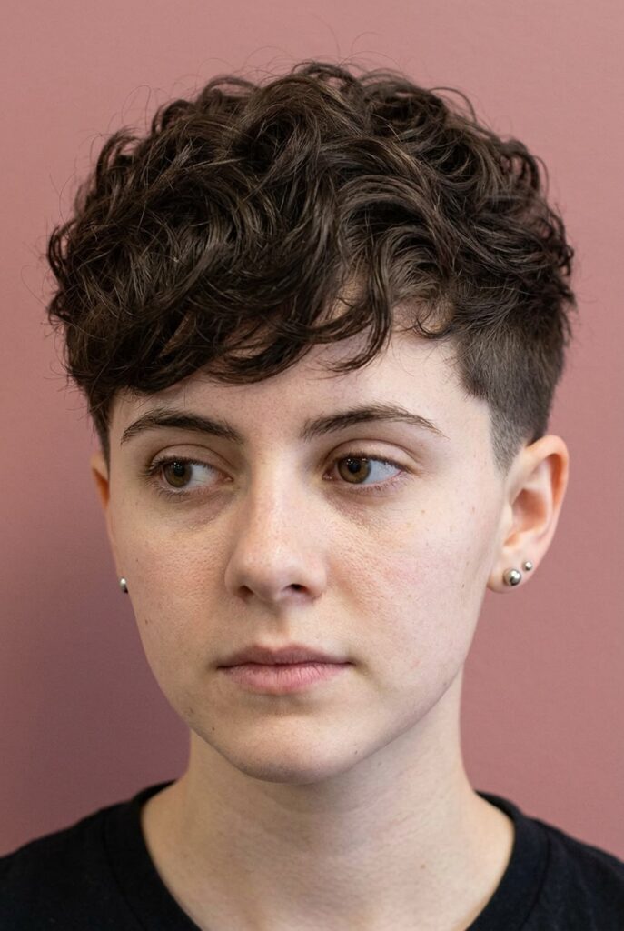 Woman with a curly bowl cut featuring evenly rounded shape and natural loose to medium curls