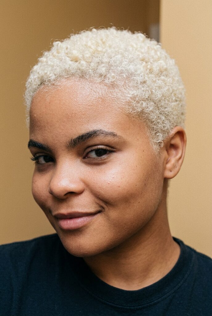 Woman with a short curly buzz cut showcasing natural curl texture and volume on top