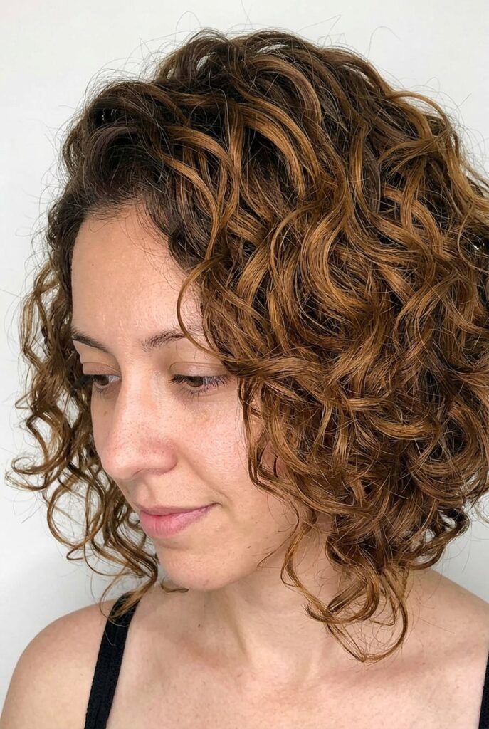 Woman with a curly inverted bob showing an angled, stacked shape with voluminous natural curls