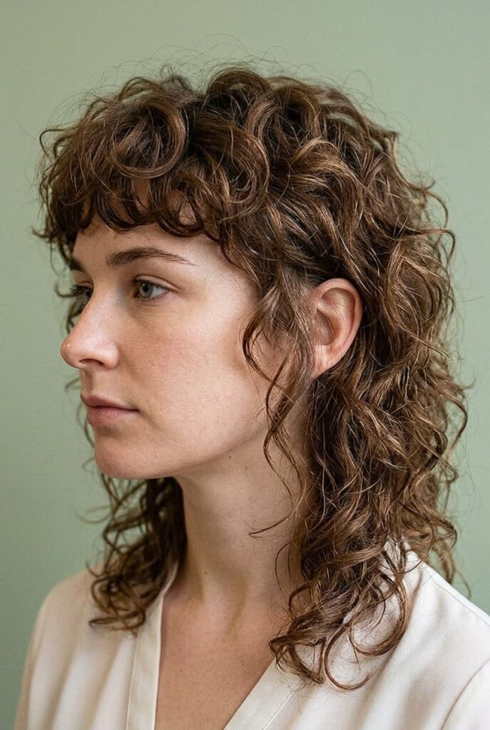Woman with a curly mullet hairstyle showing shorter sides and a longer, curl-heavy back