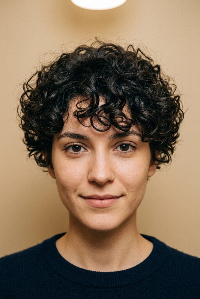 Woman with a curly pixie cut featuring shorter sides and voluminous natural curls on top