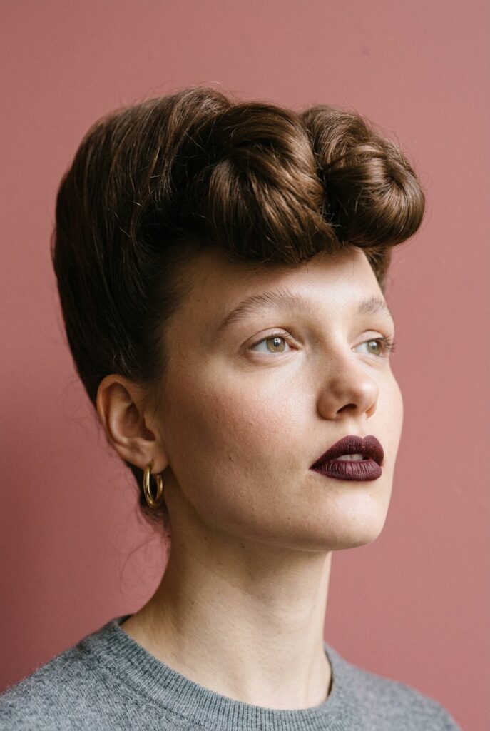 Woman with a curly quiff hairstyle featuring a voluminous textured top with tapered sides