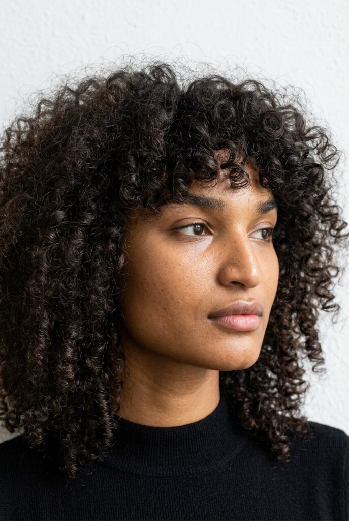 Woman with a curly wolf cut featuring choppy face-framing layers and voluminous curls throughout