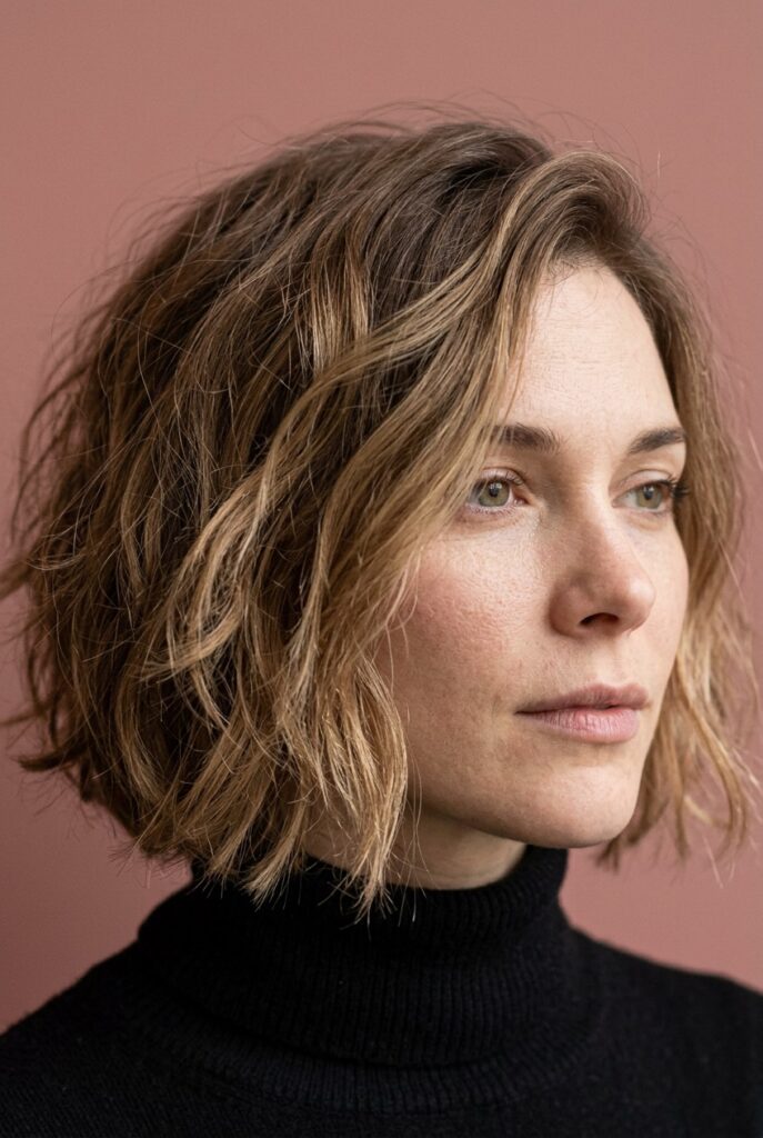 Woman with a short shag haircut featuring choppy layers and a relaxed, undone fringe