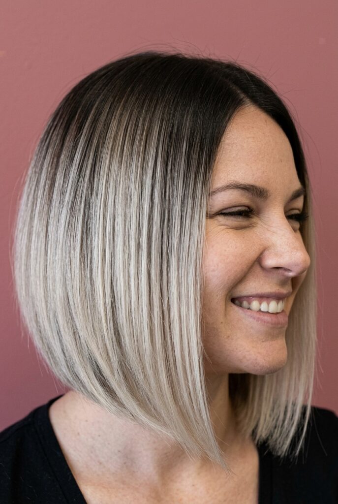 Woman with a side-parted bob showing a deep asymmetric part adding volume and modern elegance