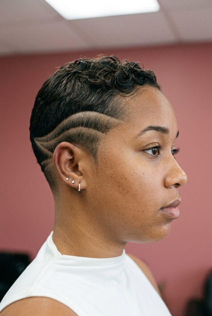 Woman with an undercut hairstyle featuring closely shaved sides and voluminous textured curls on top