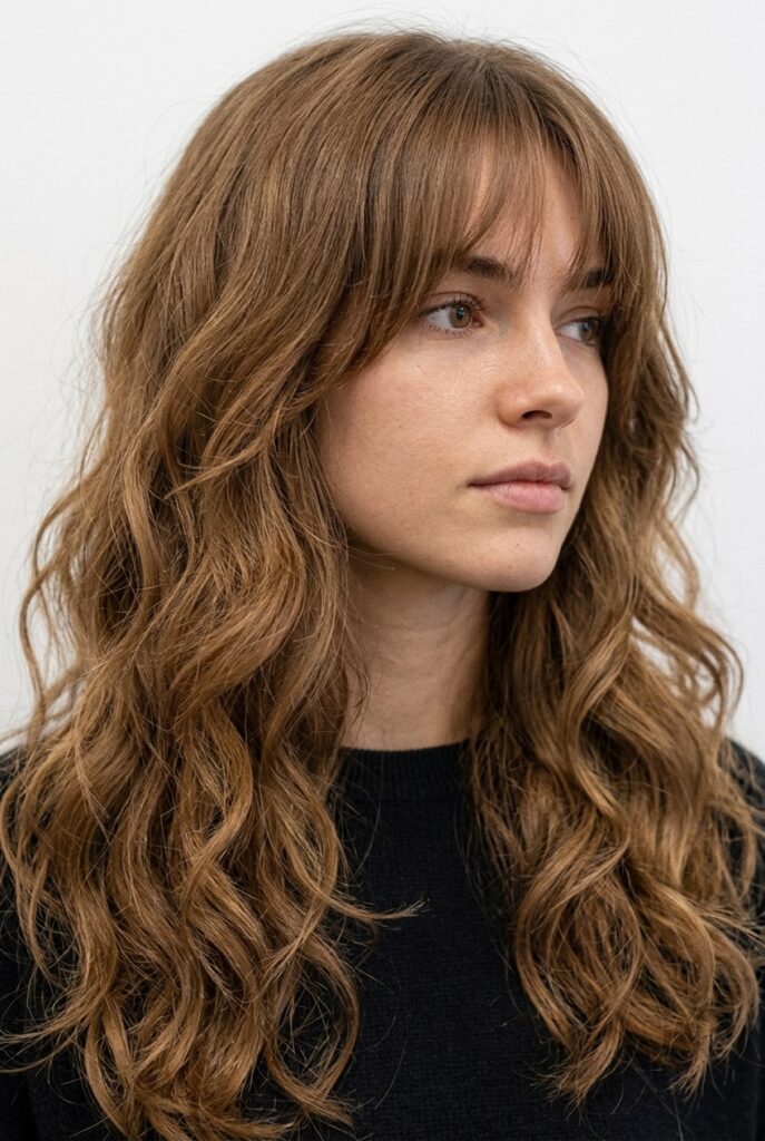 Waterfall layers on long wavy hair with cascading shape and soft natural volume