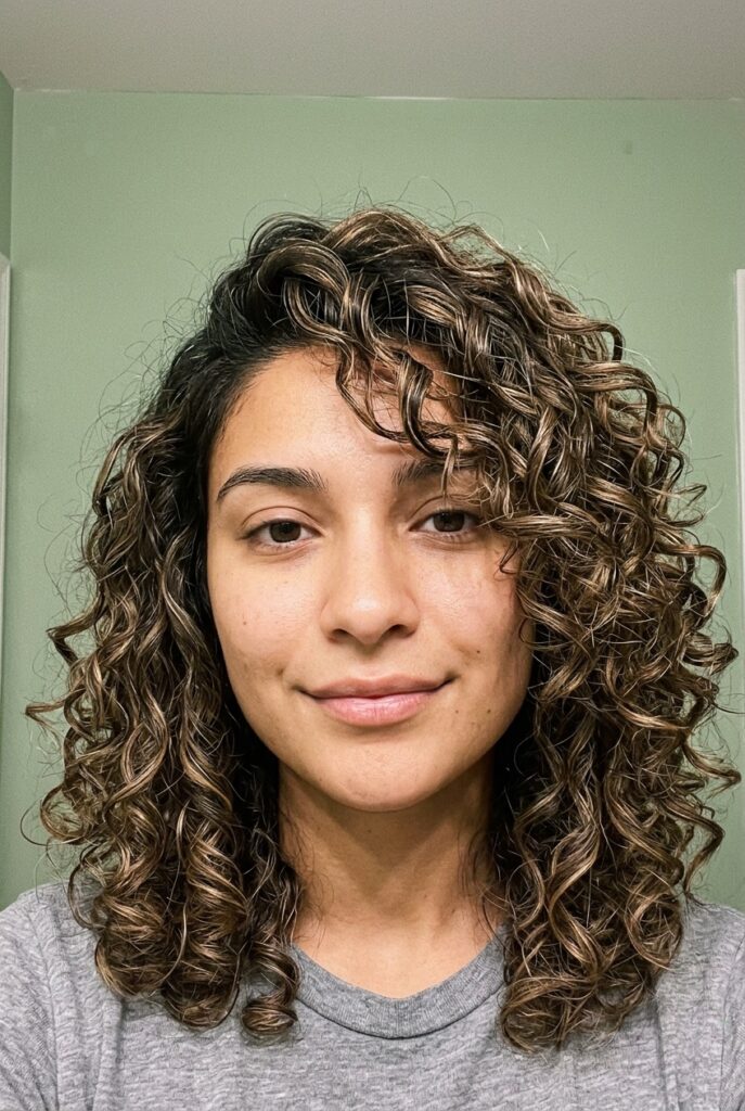 Woman with wispy curls and subtle babylights applied through balayage for a sun-kissed finish
