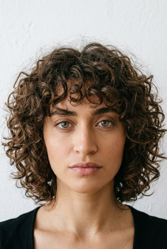 Short curly wolf cut with layered volume, fringe, and natural curl definition