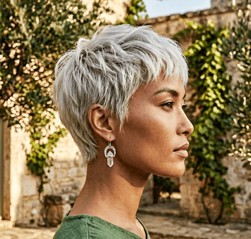 textured silver pixie cut with shaggy layers for women